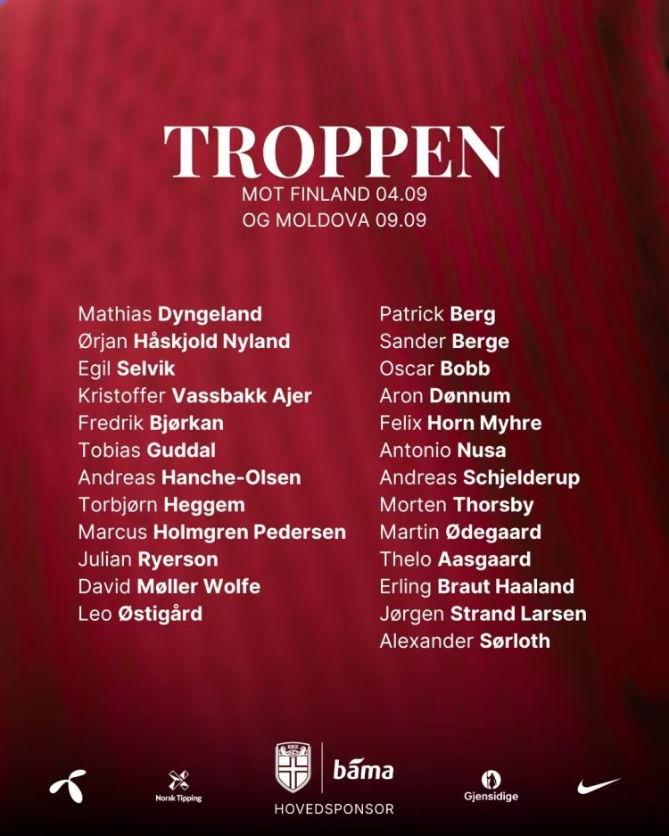 挪威队世预赛大名单：哈兰德&amp;amp;厄德高领衔，瑟洛特、努萨在列